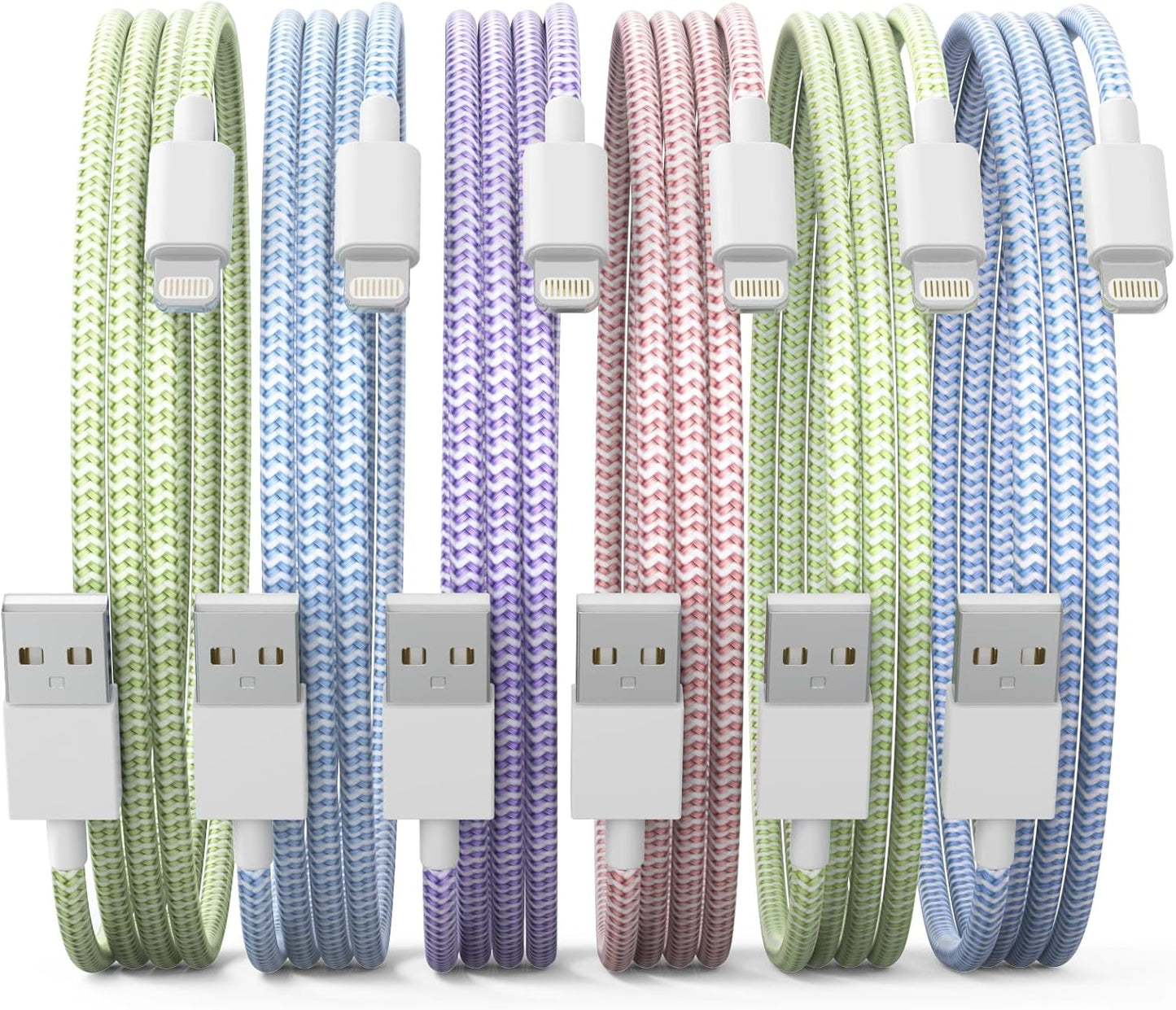 6Pack 3/3/6/6/6/10 FT iPhone Charger Nylon Braided Fast Charging Lightning Cable