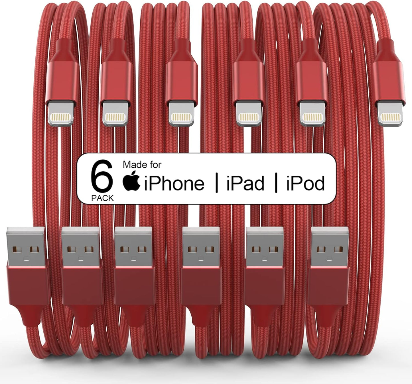6Pack 3/3/6/6/6/10 FT iPhone Charger Nylon Braided Fast Charging Lightning Cable