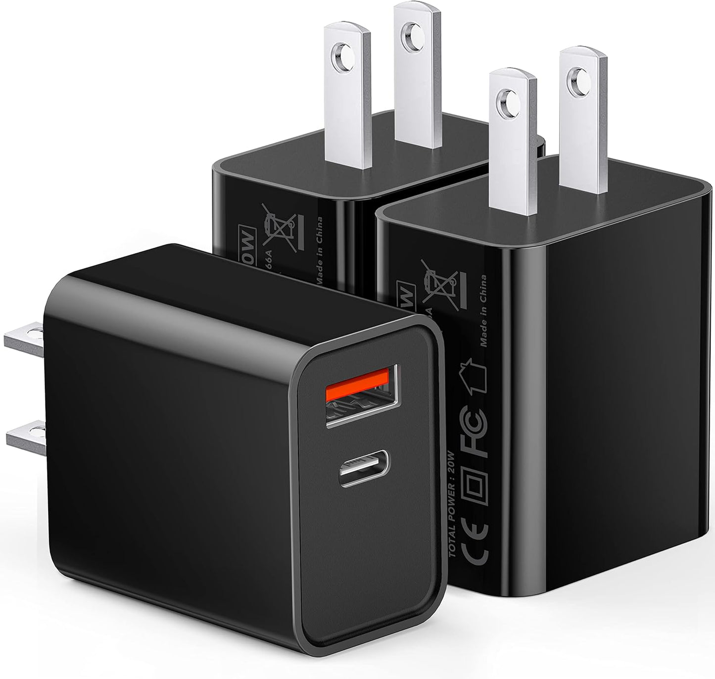 3 Pack USB C Wall Charger, 20W Durable Dual Port QC+PD 3.0 Power Adapter