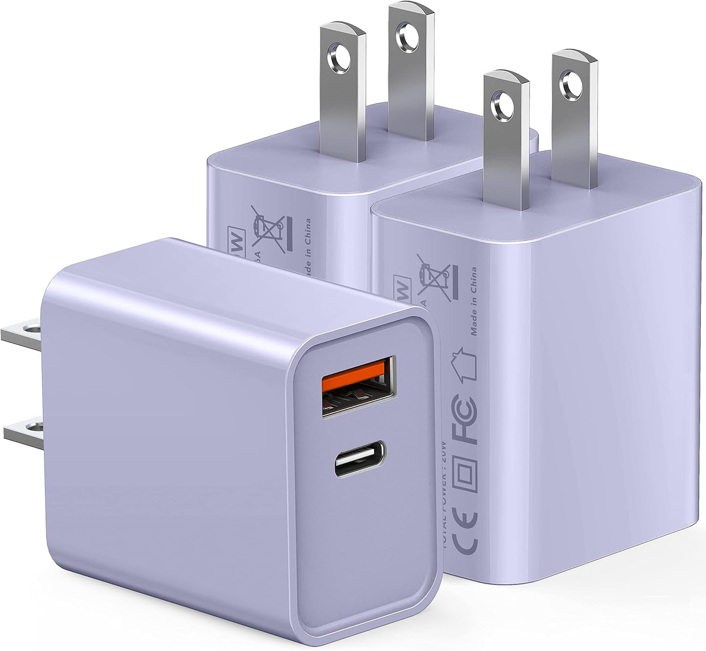 3 Pack USB C Wall Charger, 20W Durable Dual Port QC+PD 3.0 Power Adapter