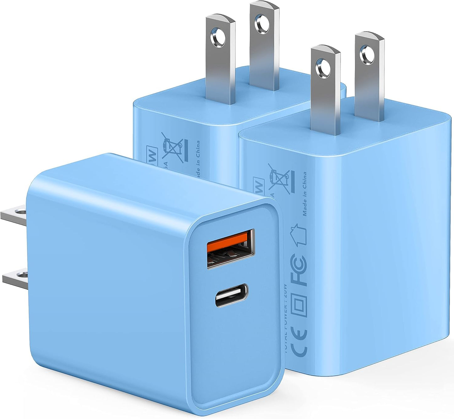 3 Pack USB C Wall Charger, 20W Durable Dual Port QC+PD 3.0 Power Adapter