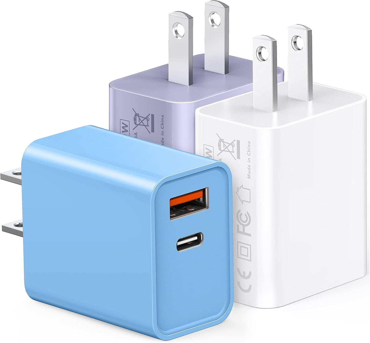3 Pack USB C Wall Charger, 20W Durable Dual Port QC+PD 3.0 Power Adapter