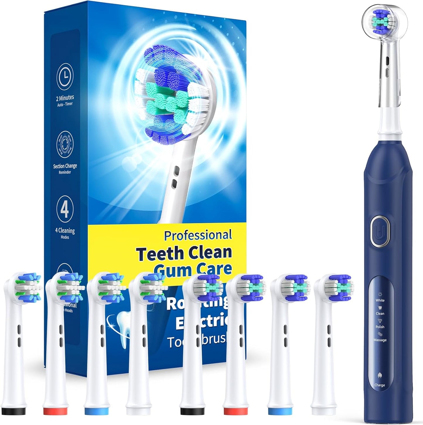 Rotating Electric Toothbrush for Adults with 8 Brush Heads (2 Types)