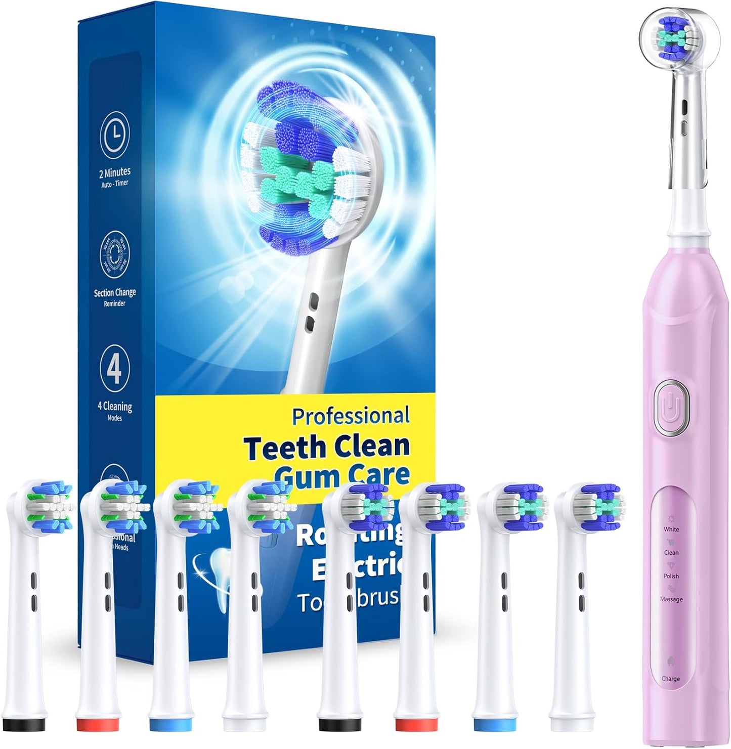 Rotating Electric Toothbrush for Adults with 8 Brush Heads (2 Types)