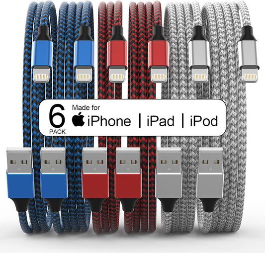6Pack 3/3/6/6/6/10 FT iPhone Charger Nylon Braided Fast Charging Lightning Cable