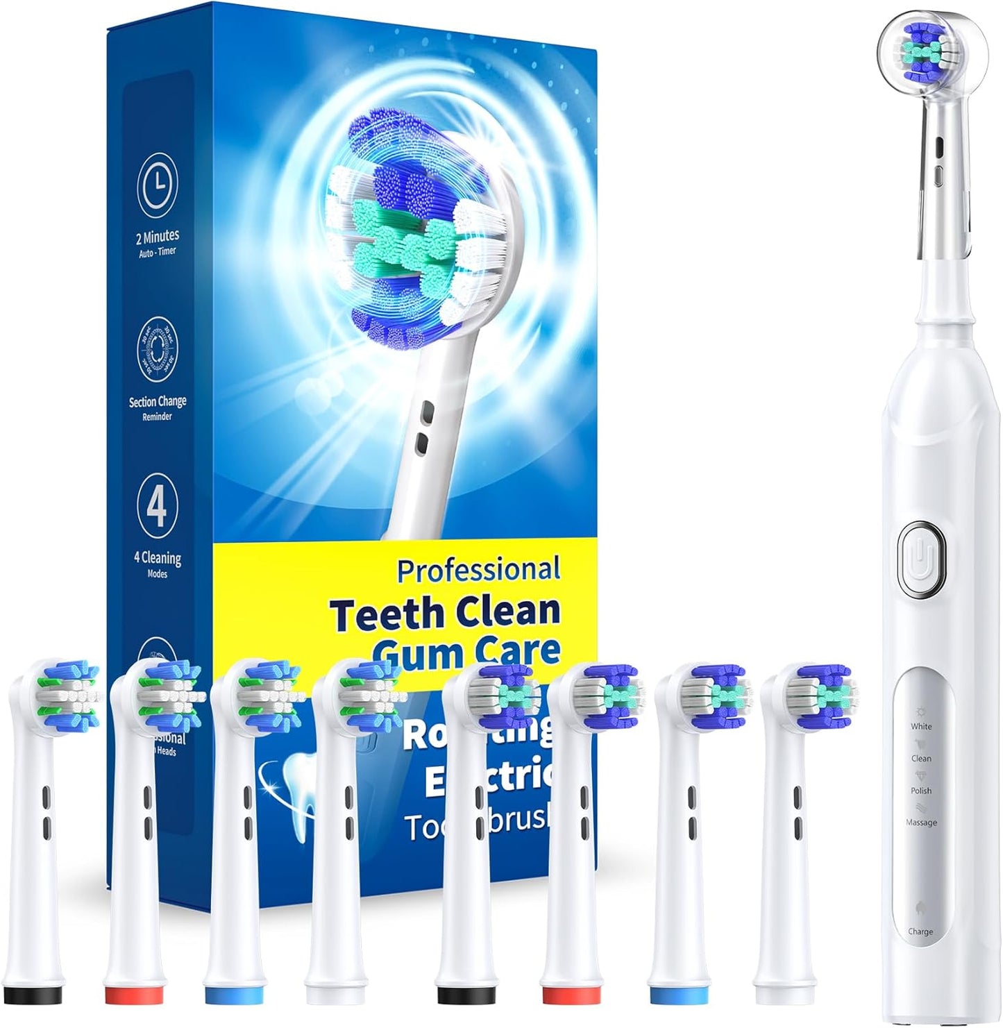 Rotating Electric Toothbrush for Adults with 8 Brush Heads (2 Types)