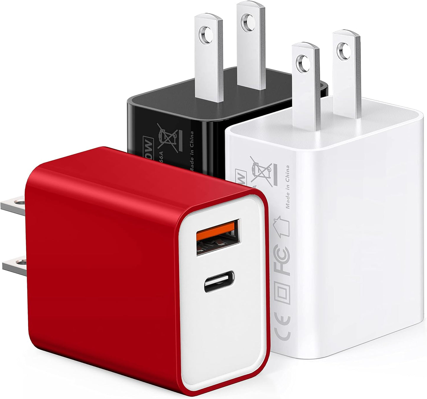 3 Pack USB C Wall Charger, 20W Durable Dual Port QC+PD 3.0 Power Adapter